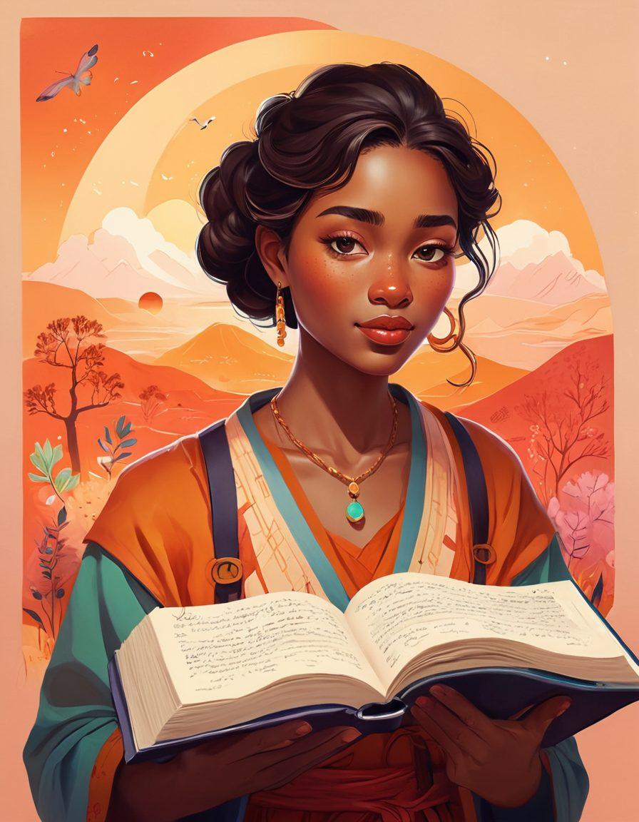 A beautifully designed digital diary open to a page filled with handwritten notes and sketches of personal stories. Surrounding the diary are vibrant illustrations of diverse characters representing different cultures and emotions, symbolizing connection through storytelling. The background is softly blurred with warm, inviting colors that evoke nostalgia and inspiration. Include glowing elements to represent digital technology and creativity. mixed media art. vibrant colors. warm tones.