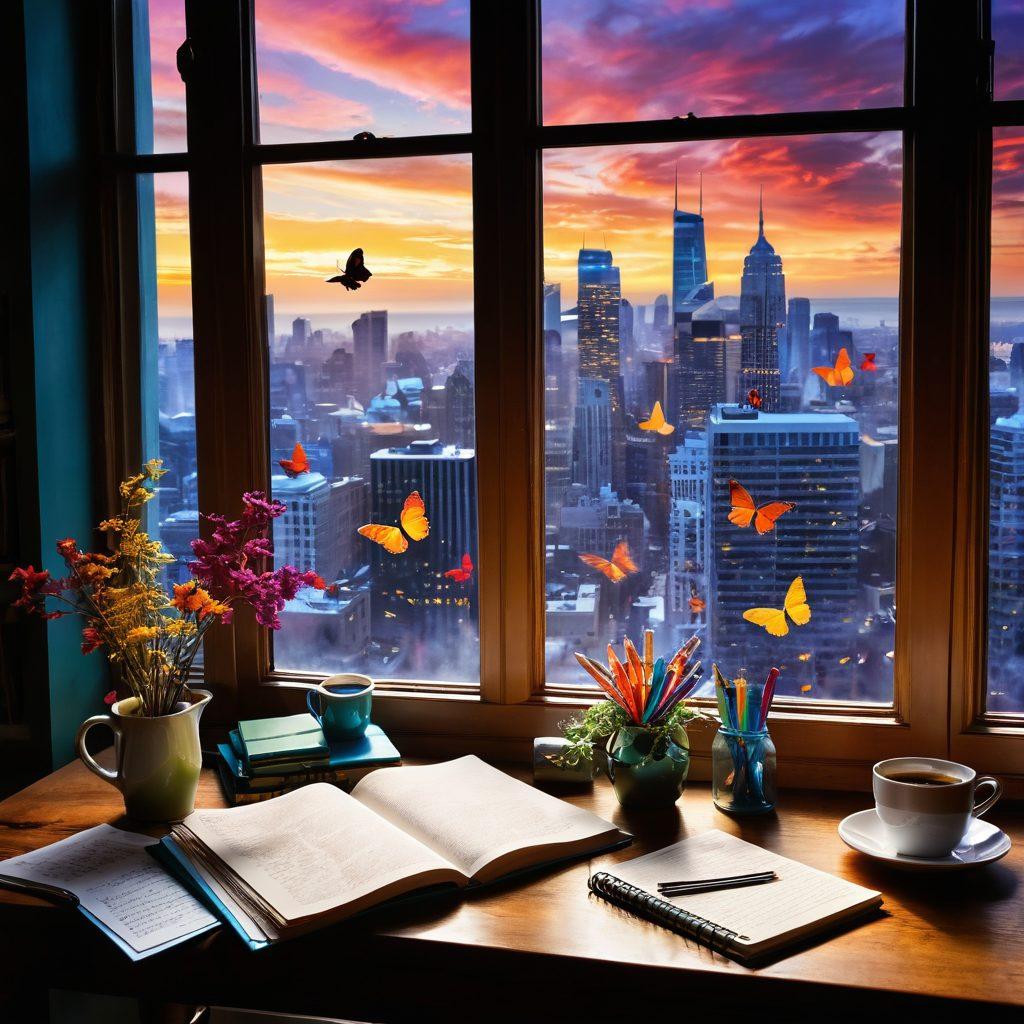 A whimsical writing desk overflowing with vivid notebooks, colorful pens, and a steaming cup of coffee. In the background, an ethereal landscape of flowing ideas represented as butterflies floating above a city silhouette, symbolizing creativity in the blogosphere. A gentle light filters in through a window, casting a warm glow on the scene. artistically styled, vibrant colors, super-realistic.