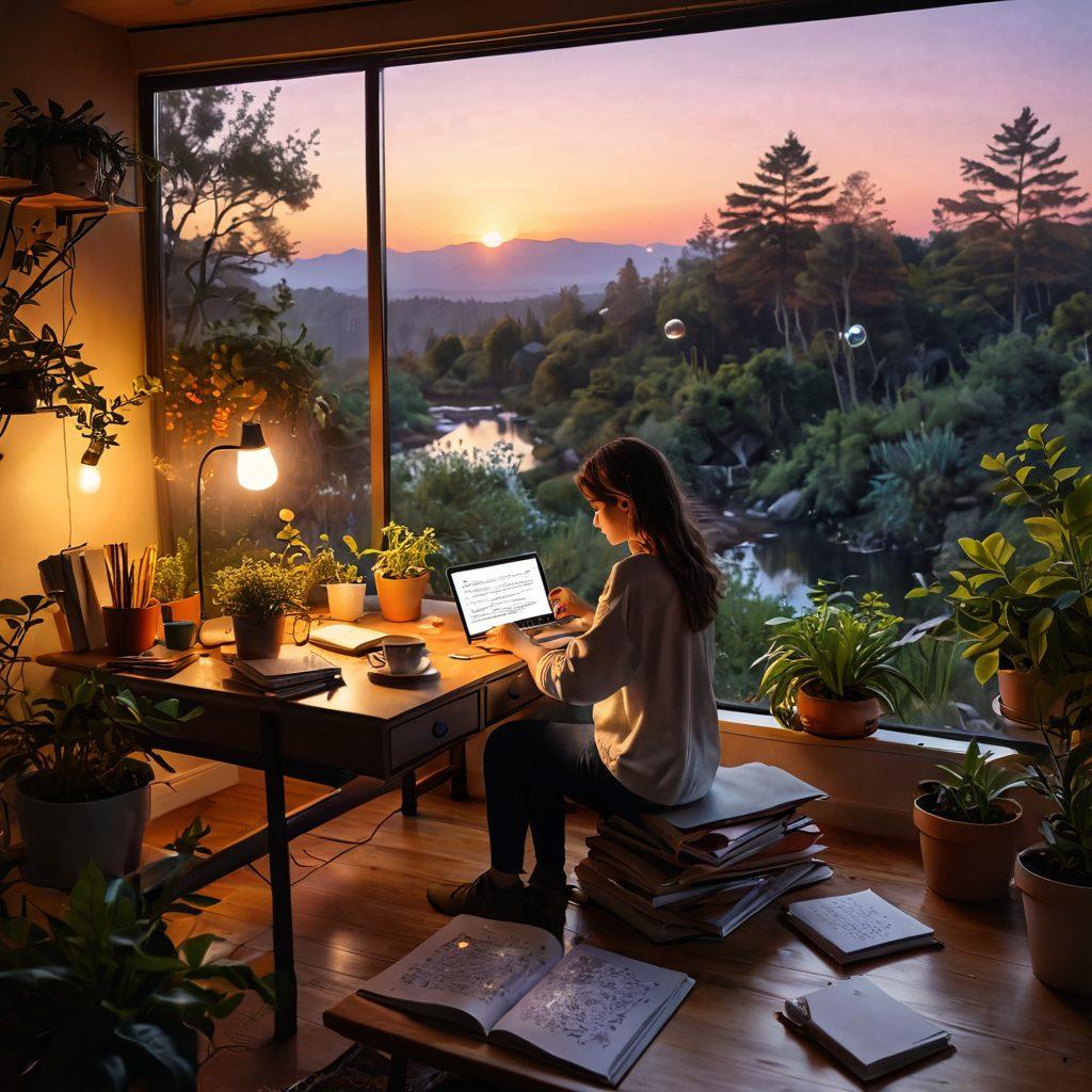 A person sitting at a cozy desk surrounded by nature, writing in a digital diary that glows softly. The scene captures the tranquility of reflection, with a sunset casting warm light on the pages filled with vibrant thoughts and doodles. Include elements like a steaming cup of tea, potted plants, and floating thought bubbles depicting diverse emotions and ideas. dreamy, warm colors, super-realistic.